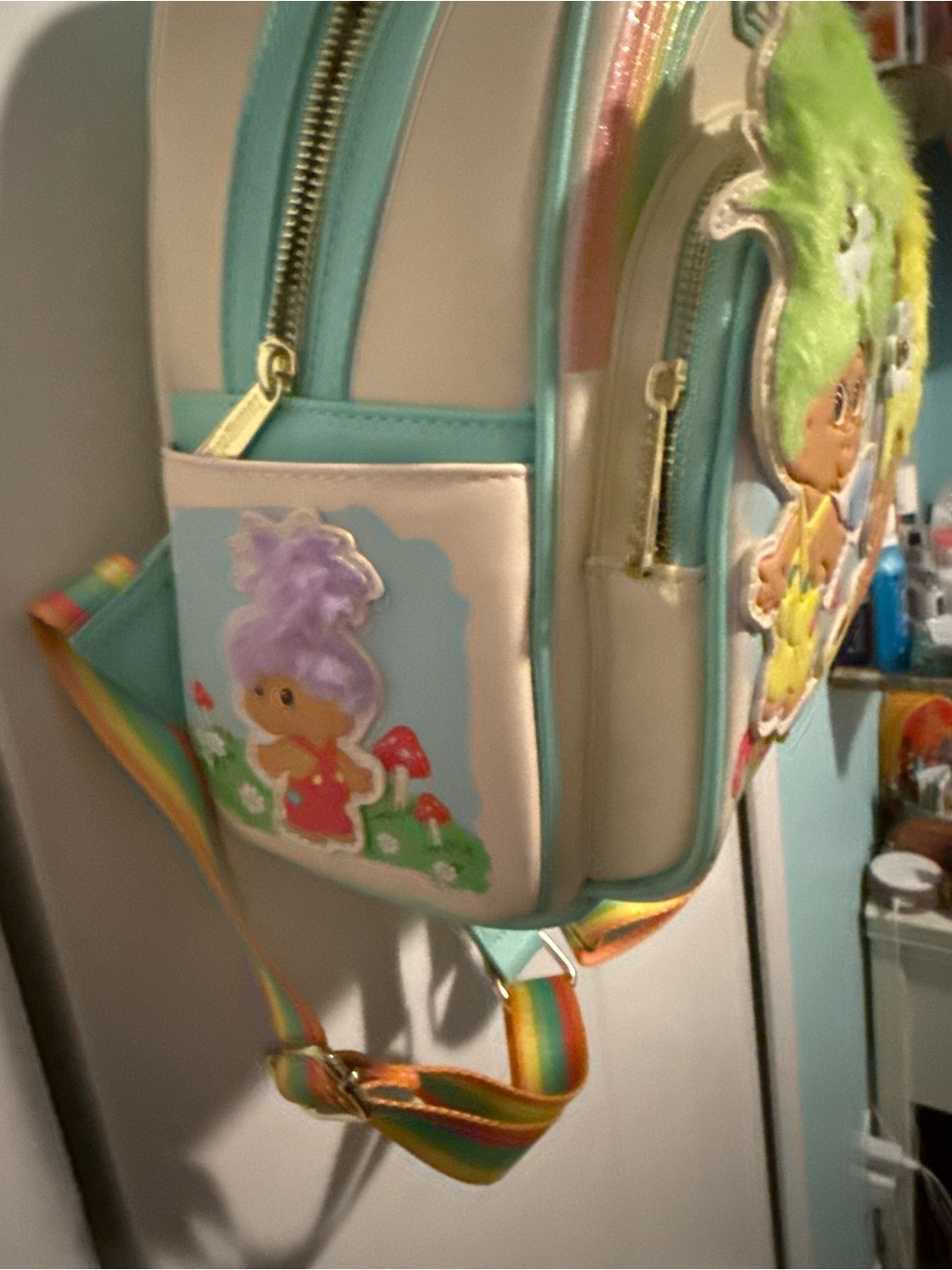 Loungefly Pastel Rainbow Trolls Mini Backpack with Green & Yellow Hair - Picture 5 of 5